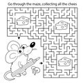 Maze or Labyrinth Game. Puzzle. Coloring Page Outline Of cartoon fun mouse with pencil. Collect all cheese. Coloring book for kids Royalty Free Stock Photo