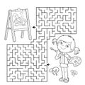 Maze or Labyrinth Game. Puzzle. Coloring Page Outline Of cartoon girl with brush and paints. Little artist with easel. Coloring