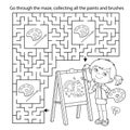 Maze or Labyrinth Game. Puzzle. Coloring Page Outline Of cartoon girl with brush and paints. Little artist with easel. Coloring