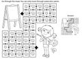 Maze or Labyrinth Game. Puzzle. Coloring Page Outline Of cartoon girl with brush and paints. Little artist with easel. Coloring Royalty Free Stock Photo