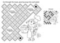 Maze or Labyrinth Game. Puzzle. Coloring Page Outline Of cartoon girl chef with large pot. Little cook or scullion. Profession.