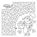 Maze or Labyrinth Game. Puzzle. Coloring Page Outline Of cartoon girl chef with large pot. Little cook or scullion. Profession.