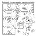 Maze or Labyrinth Game. Puzzle. Coloring Page Outline Of cartoon girl chef with large pot. Little cook or scullion. Profession.