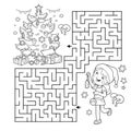 Maze or Labyrinth Game. Puzzle. Coloring Page Outline Of cartoon girl decorating the Christmas tree. Christmas. New year. Coloring