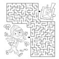 Maze or Labyrinth Game. Puzzle. Coloring Page Outline Of cartoon girl detective with loupe. Young Sherlock Holmes. Coloring book