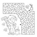 Maze or Labyrinth Game. Puzzle. Coloring Page Outline Of cartoon girl with mop and bucket. Housework and cleaning, Coloring book Royalty Free Stock Photo
