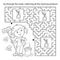 Maze or Labyrinth Game. Puzzle. Coloring Page Outline Of cartoon girl with mop and bucket. Housework and cleaning, Coloring book Royalty Free Stock Photo