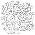 Maze or Labyrinth Game. Puzzle. Coloring Page Outline Of cartoon girl with mop and bucket. Housework and cleaning. Coloring book