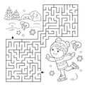 Maze or Labyrinth Game. Puzzle. Coloring Page Outline Of cartoon girl skating. Winter sports. Coloring book for kids Royalty Free Stock Photo