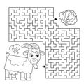 Maze or Labyrinth Game. Puzzle. Coloring Page Outline Of cartoon goat with cabbage. Farm animals. Coloring book for kids