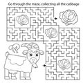 Maze or Labyrinth Game. Puzzle. Coloring Page Outline Of cartoon goat with cabbage. Farm animals. Coloring book for kids