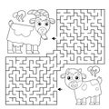 Maze or Labyrinth Game. Puzzle. Coloring Page Outline Of cartoon goat with goatling or kid. Farm animals with their cubs. Coloring