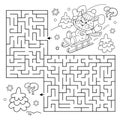 Maze or Labyrinth Game. Puzzle. Coloring Page Outline Of Cartoon happy Bunny sledding. Winter activity. Coloring book for kids