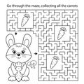 Maze or Labyrinth Game. Puzzle. Coloring Page Outline Of cartoon little bunny or hare with carrot. Coloring book for kids