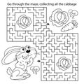 Maze or Labyrinth Game. Puzzle. Coloring Page Outline Of cartoon little bunny or hare with carrot and cabbage . Coloring book for