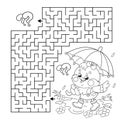 Maze or Labyrinth Game. Puzzle. Coloring Page Outline Of cartoon little chick or chicken with umbrella in the rain. Coloring book