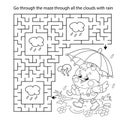 Maze or Labyrinth Game. Puzzle. Coloring Page Outline Of cartoon little chick or chicken with umbrella in the rain. Coloring book