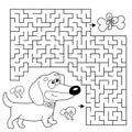 Maze or Labyrinth Game. Puzzle. Coloring Page Outline Of cartoon little dog with bone. Dachshund puppy. Coloring book for kids