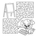 Maze or Labyrinth Game. Puzzle. Coloring Page Outline Of cartoon little dog with with brush and paints. Little artist with easel.