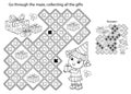 Maze or Labyrinth Game. Puzzle. Coloring Page Outline Of cartoon little girl with gifts. Birthday. Coloring book for kids Royalty Free Stock Photo