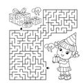 Maze or Labyrinth Game. Puzzle. Coloring Page Outline Of cartoon little girl with gifts. Birthday. Coloring book for kids Royalty Free Stock Photo