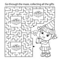 Maze or Labyrinth Game. Puzzle. Coloring Page Outline Of cartoon little girl with gifts. Birthday. Coloring book for kids Royalty Free Stock Photo