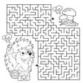 Maze or Labyrinth Game. Puzzle. Coloring Page Outline Of cartoon little hedgehog with basket of mushrooms. Coloring book for kids