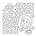 Maze or Labyrinth Game. Puzzle. Coloring Page Outline Of cartoon little hedgehog with basket of mushrooms. Coloring book for kids