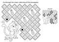 Maze or Labyrinth Game. Puzzle. Coloring Page Outline Of cartoon little monkey with pineapples. Collect fruits. Coloring book for