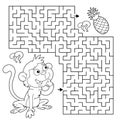 Maze or Labyrinth Game. Puzzle. Coloring Page Outline Of cartoon little monkey with pineapples. Collect fruits. Coloring book for