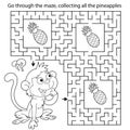 Maze or Labyrinth Game. Puzzle. Coloring Page Outline Of cartoon little monkey with pineapples. Collect fruits. Coloring book for
