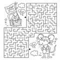 Maze or Labyrinth Game. Puzzle. Coloring Page Outline Of Cartoon little pirate mouse with chest of treasure. Cheese trove. Royalty Free Stock Photo