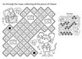 Maze or Labyrinth Game. Puzzle. Coloring Page Outline Of Cartoon little pirate mouse with chest of treasure. Cheese trove. Royalty Free Stock Photo