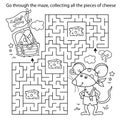 Maze or Labyrinth Game. Puzzle. Coloring Page Outline Of Cartoon little pirate mouse with chest of treasure. Cheese trove. Royalty Free Stock Photo