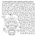 Maze or Labyrinth Game. Puzzle. Coloring Page Outline Of cartoon little witch with magical pot. Magic potion and witchcraft.