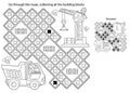 Maze or Labyrinth Game. Puzzle. Coloring Page Outline Of cartoon lorry or dump truck. Elevating crane on build. Construction