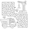 Maze or Labyrinth Game. Puzzle. Coloring Page Outline Of cartoon lorry or dump truck. Elevating crane on build. Construction