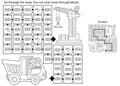 Maze or Labyrinth Game. Puzzle. Coloring Page Outline Of cartoon lorry or dump truck. Elevating crane on build. Construction