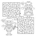 Maze or Labyrinth Game. Puzzle. Coloring Page Outline Of cartoon lovely prince with beautiful princess. Cinderella. Fairy tale.