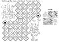 Maze or Labyrinth Game. Puzzle. Coloring Page Outline Of cartoon lovely prince. Beautiful young king. Royal castle or palace.