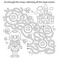 Maze or Labyrinth Game. Puzzle. Coloring Page Outline Of cartoon lovely prince. Beautiful young king. Royal castle or palace.