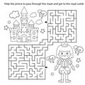 Maze or Labyrinth Game. Puzzle. Coloring Page Outline Of cartoon lovely prince. Beautiful young king. Royal castle or palace.