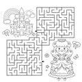 Maze or Labyrinth Game. Puzzle. Coloring Page Outline Of cartoon lovely princess. Beautiful young queen. Royal castle or palace.