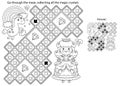 Maze or Labyrinth Game. Puzzle. Coloring Page Outline Of cartoon lovely princess with magic unicorn. Cinderella. Fairy tale. Royalty Free Stock Photo