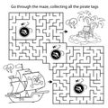 Maze or Labyrinth Game. Puzzle. Coloring Page Outline Of cartoon pirate ship with treasure island. Coloring book for kids Royalty Free Stock Photo