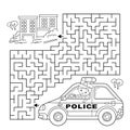 Maze or Labyrinth Game. Puzzle. Coloring Page Outline Of cartoon policeman with car. Profession - police. Coloring book for kids