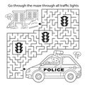 Maze or Labyrinth Game. Puzzle. Coloring Page Outline Of cartoon policeman with car. Profession - police. Coloring book for kids