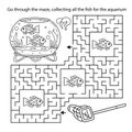 Maze or Labyrinth Game. Puzzle. Coloring Page Outline Of cartoon round glass aquarium with color fish. Coloring book for kids