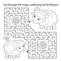 Maze or Labyrinth Game. Puzzle. Coloring Page Outline Of cartoon sheep with little lamb. Farm animals with their cubs. Coloring