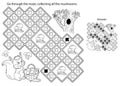 Maze or Labyrinth Game. Puzzle. Coloring Page Outline Of cartoon squirrel with basket of mushrooms. Tree hollow. Coloring book for